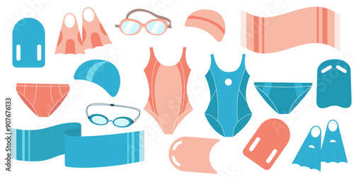 Set of swim sport equipment, towel, swimsuit, goggles and flippers