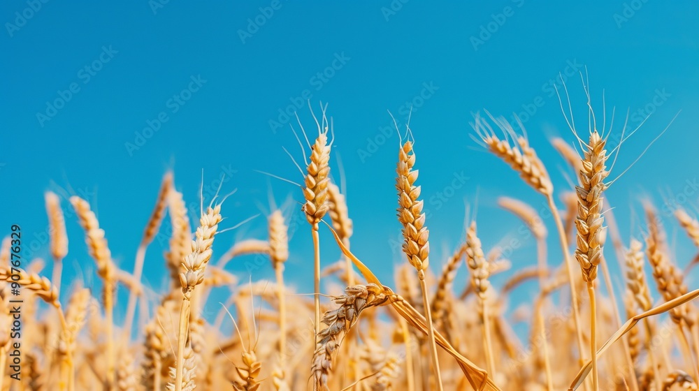 Fototapeta premium Golden wheat field under clear blue sky at sunrise. Banner with copy space