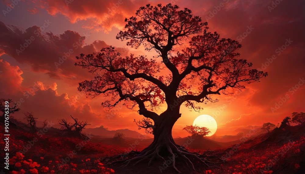 Fiery Sunset Over Mystical Landscape Fiery Sunset Over Mystical Landscape