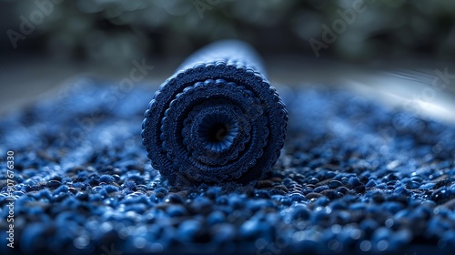 a blue rolled up rug.

