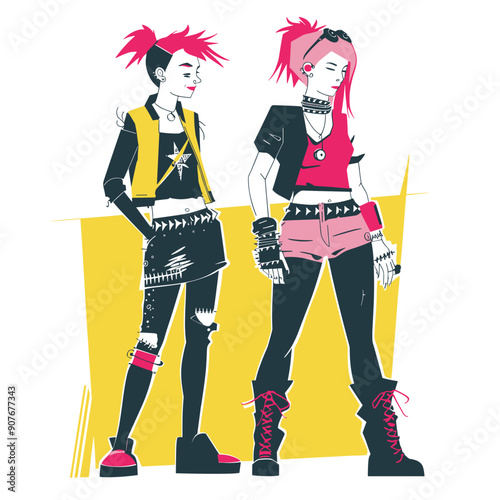 Teen punk girls bright hair, edgy outfits, accessories stand against yellow geometric background. One has spiked choker, red shorts, black boots, while wears ripped skirt starprint top. Both express photo