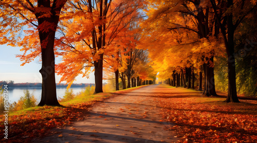 Inviting Pathway Amidst Vibrant Autumn Colors: Fall Season Landscape