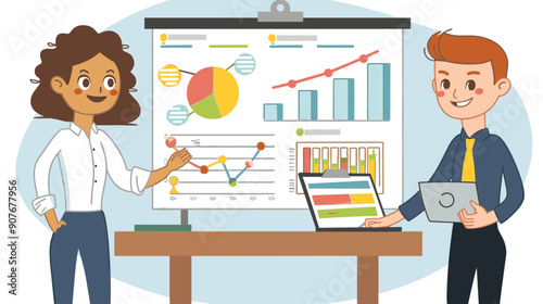 Businesswoman businessman presenting statistical charts during office meeting, both smiling actively engaged. Animated characters discussing bar, pie graphs diverse report detailed infographic