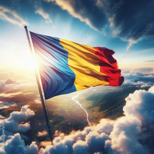 Romanian Flag flying in the air, highlighting the blue, yellow, and red vertical stripes photo