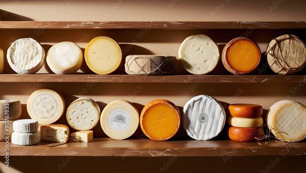 cheeses arranged on a shelf cheeses arranged on a shelf