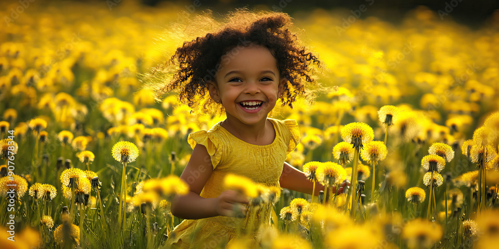 Unadulterated Joy: A child runs through a field of dandelions, her face filled with delight and innocence Unadulterated Joy: A child runs through a field of dandelions, her face filled with delight and innocence