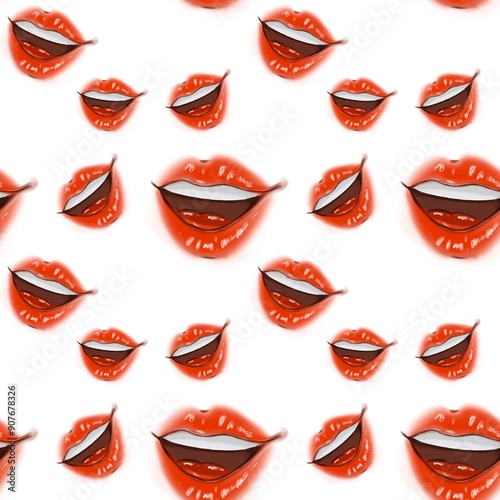 lips set, pattern with a smiling mouth on a white background. smile. lips with red lipstick on white background