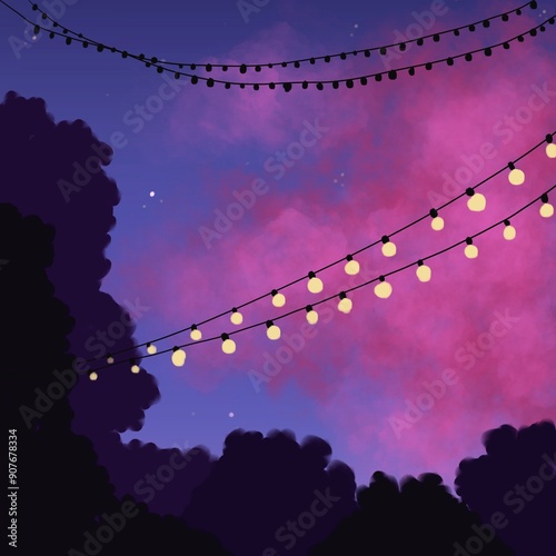 film strip background with stars, trees against the background of the evening sky. evening sky in purple tones. garland with light bulbs against the background of trees and the evening sky