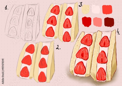 step-by-step diagram of drawing a sandwich with strawberries and whipped cream on a pink background