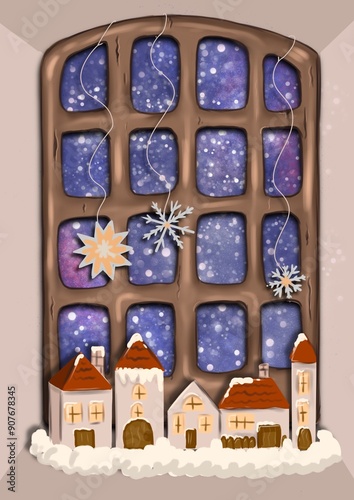 window with christmas decoration. abstract winter window with snow behind it. small houses and garlands on the windowsill