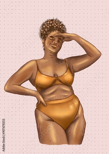 dark-skinned plump girl in a yellow swimsuit. stands with his hand near his face, against a light checkered background. fashion illustrations