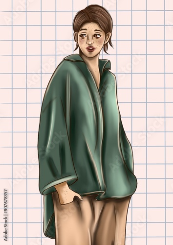 fashion illustration, a girl in a green shirt stands with her hands in her pockets. on a light checkered background
