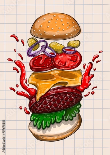 burger in flight with cutlet, cucumber, cheese, tomato, bun with sesame seeds on a light checkered background