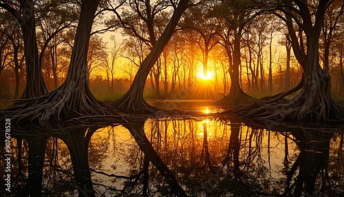 Golden Sunset Over Swamp Trees