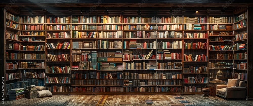 A large wall of bookshelves filled with books in a library A large wall of bookshelves filled with books in a library