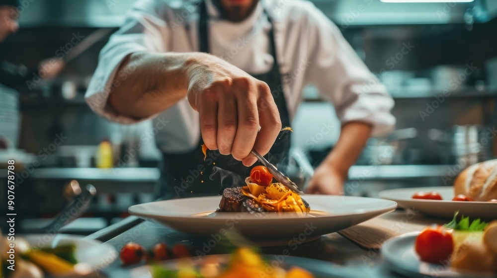 A chef skillfully garnishes a plated dish in a contemporary kitchen, showcasing culinary expertise and attention to detail. A chef skillfully garnishes a plated dish in a contemporary kitchen, showcasing culinary expertise and attention to detail.