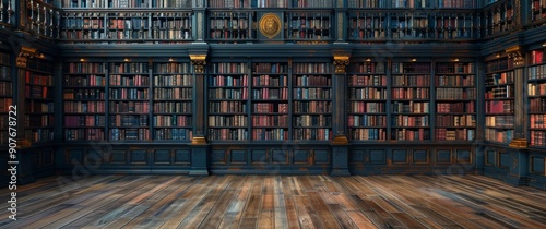 Black wooden bookshelves filled with books in a grand library