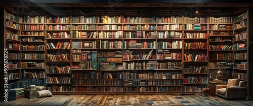 A large wall of bookshelves filled with books in a library
