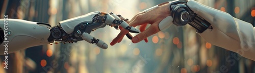 A captivating depiction of human and robotic hands reaching towards each other, symbolizing connection and technology.