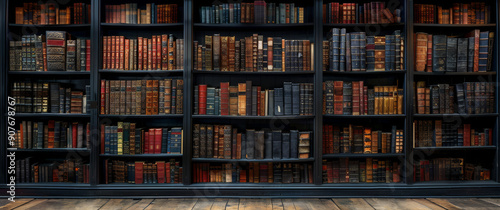 A wall of books in a dark wood library