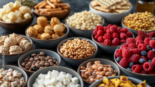 Variety of Snacks in Bowls on Black Surface.