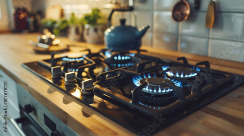A stove with four burners and a blue tea kettle on top