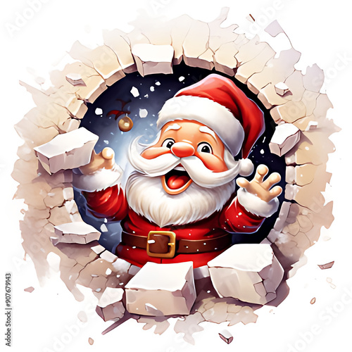 cute santa claus picking out of hole in the wall watercolor illustration photo