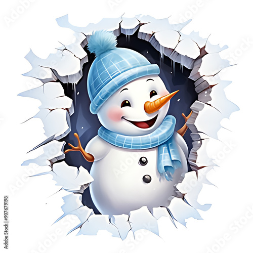 cute snowman picking out of hole in the wall watercolor illustration