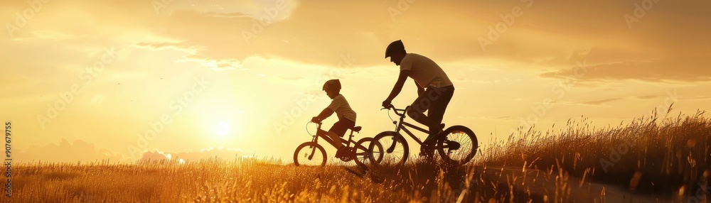 A father and son joyfully biking together at sunset in a beautiful field, showcasing love, adventure, and family bonding. A father and son joyfully biking together at sunset in a beautiful field, showcasing love, adventure, and family bonding.