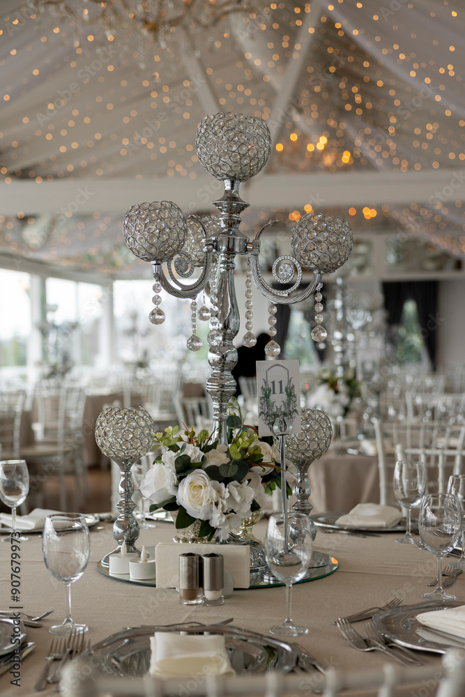 Elegant Indoor Wedding Reception with Blue Hydrangeas and White Roses Centerpiece