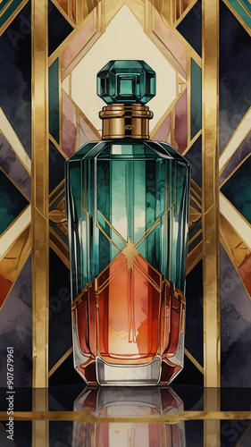 Watercolor Painting: A luxurious Art Deco-inspired perfume bottle showcases the beauty of design and craftsmanship. The bottle's sleek lines, geometric patterns, and exquisite materials embo photo