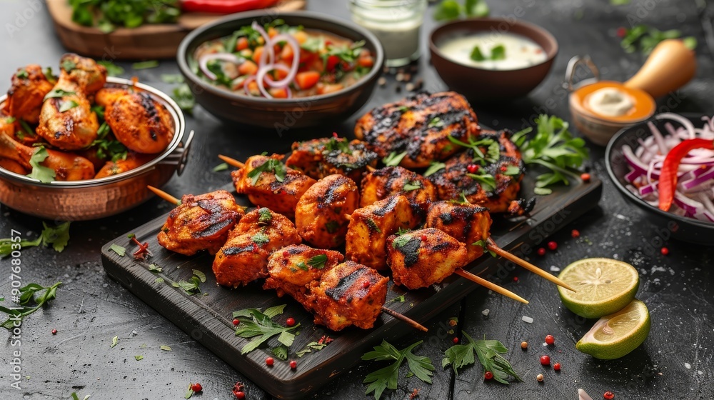 A lavish Indian food feast with chicken tikka masala, tandoori chicken, and appetizers on dark concrete background A lavish Indian food feast with chicken tikka masala, tandoori chicken, and appetizers on dark concrete background