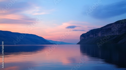 Calm dusk by the serene lake with blue and pink hues.