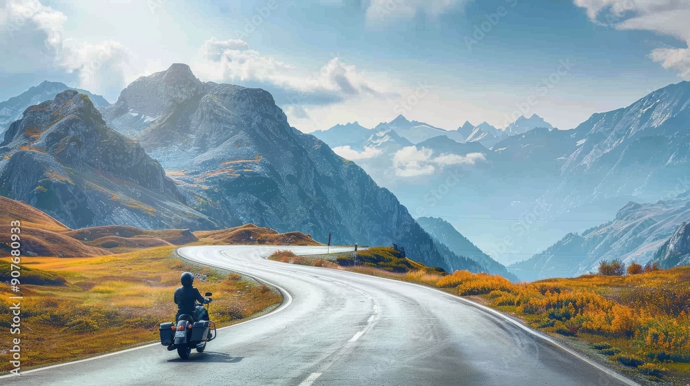 Motorcycle Riding In Mountains A rider on a Harley-Davidson cruising along a scenic mountain road ...