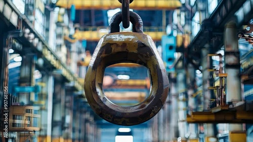 Industrial heavy lifting hook in factory setting