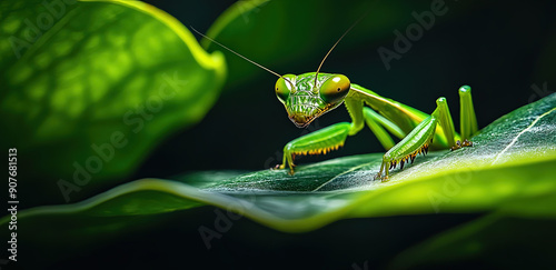 Captivating Mantis Macro: Perched on a Leaf in the Shadows