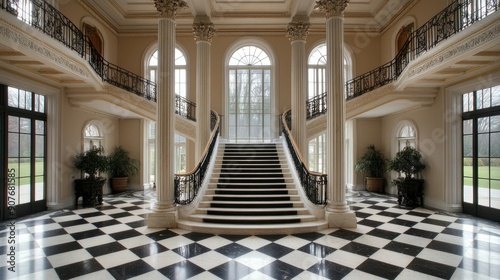 Elegant white staircase with black railing in luxurious hall photo