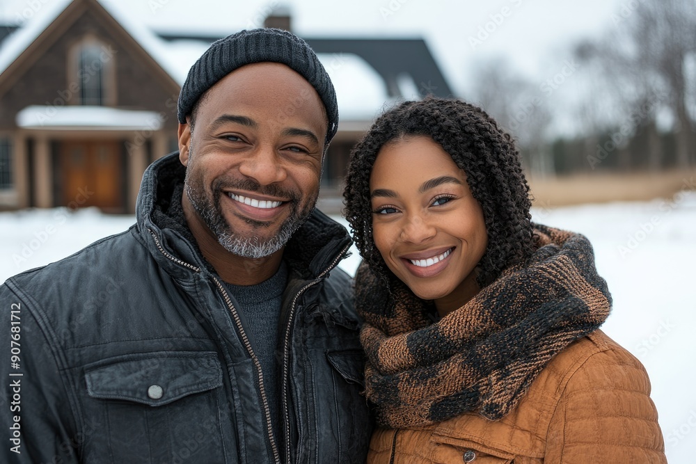 Happy couple smiling outside their house in winter Happy couple smiling outside their house in winter
