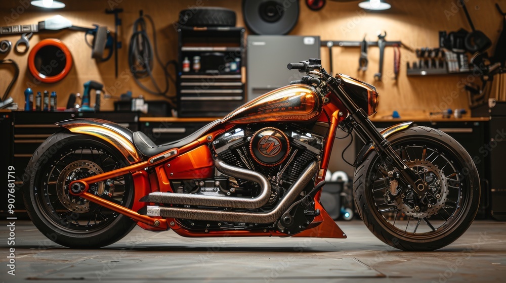 A super bike with custom paintwork and sleek lines, parked in a garage with tools and equipment, highlighting the craftsmanship and attention to detail in its design