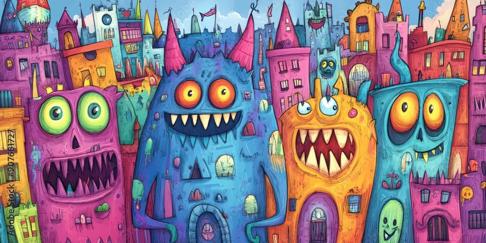 Obraz premium Funny monsters posing in a colorful city