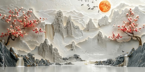 Abstract Elegance: Volumetric Plaster Art on a Concrete Wall with Gold Accents, Reflecting Japanese Landscapes of Mountains, Waterfalls, and Cherry Blossoms
