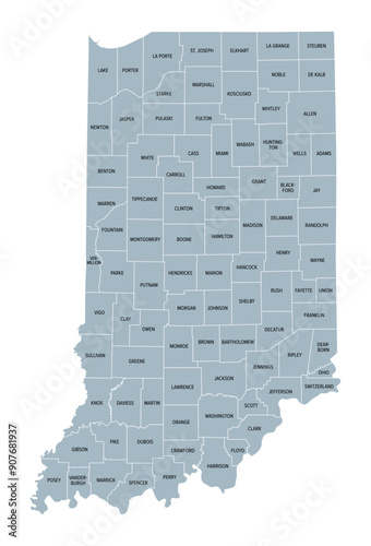 Indiana counties, gray political map. State in the Midwestern region of the United States, subdivided into 92 counties. Nicknamed The Hoosier State. Map with borders and county names. Illustration