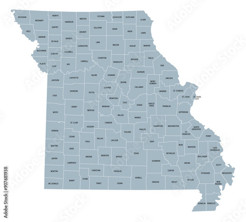 Missouri, subdivided into 114 counties and the independent city St. Louis, gray political map. State in the Midwestern region of United States, Show Me State, Cave State, and Mother of the West.