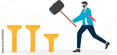 Businessman hits the hammer of the big hand into the ground
