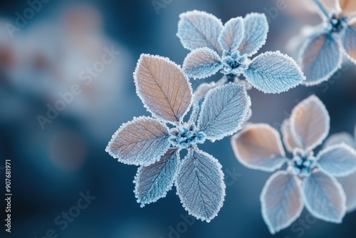 Frozen leaves covered with hoarfrost are glowing on cold winter day photo