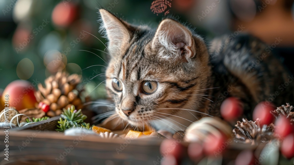 Curious Kitten with Christmas Decorations. Curious Kitten with Christmas Decorations.