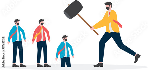 Businessman hits the hammer of the big hand into the ground
