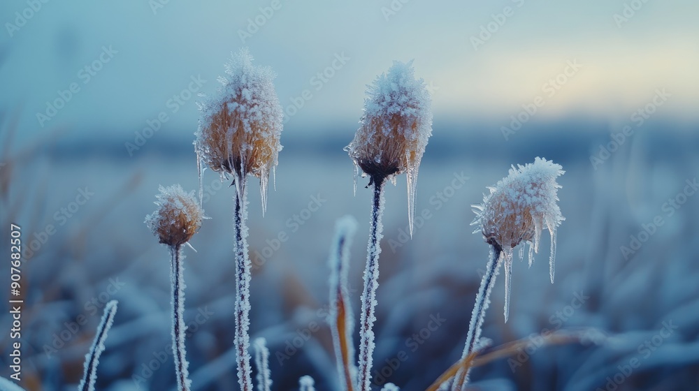 Frozen flower covered by snow on a sunny winter day Frozen flower covered by snow on a sunny winter day