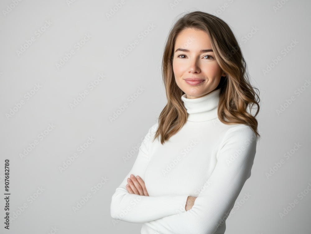 Fototapeta premium Studio portrait of a young happy woman looking to the camera, light grey background, wearing a turtle neck