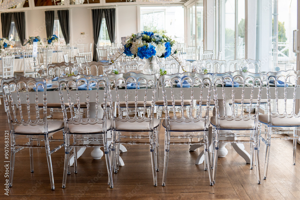 Beautiful Wedding Venue in Istanbul: Tables with Floral Centerpieces and Bridge View